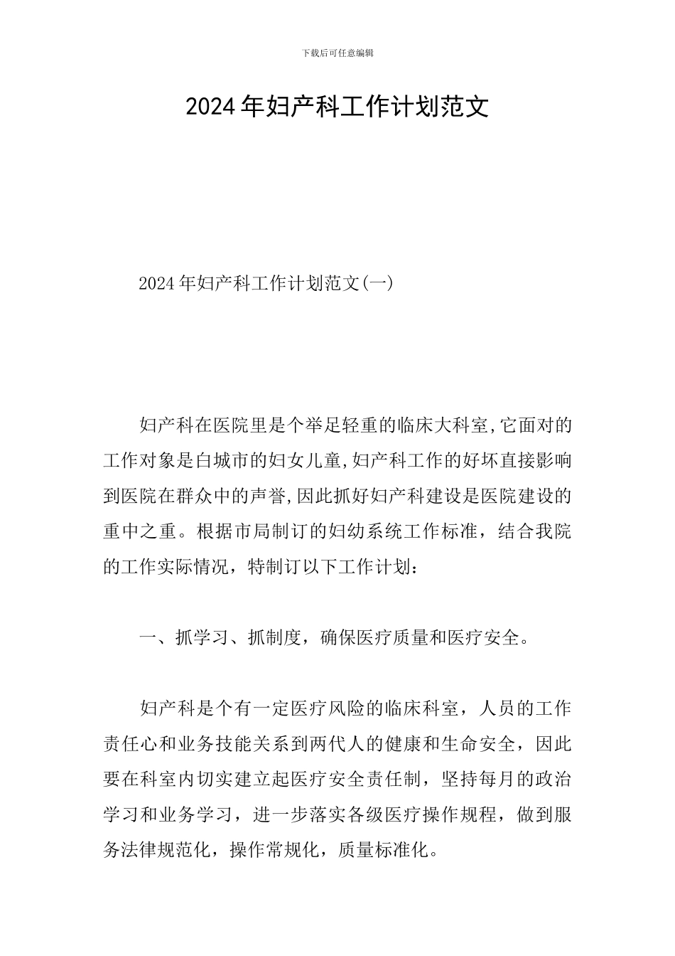 2024年妇产科工作计划范文_第1页