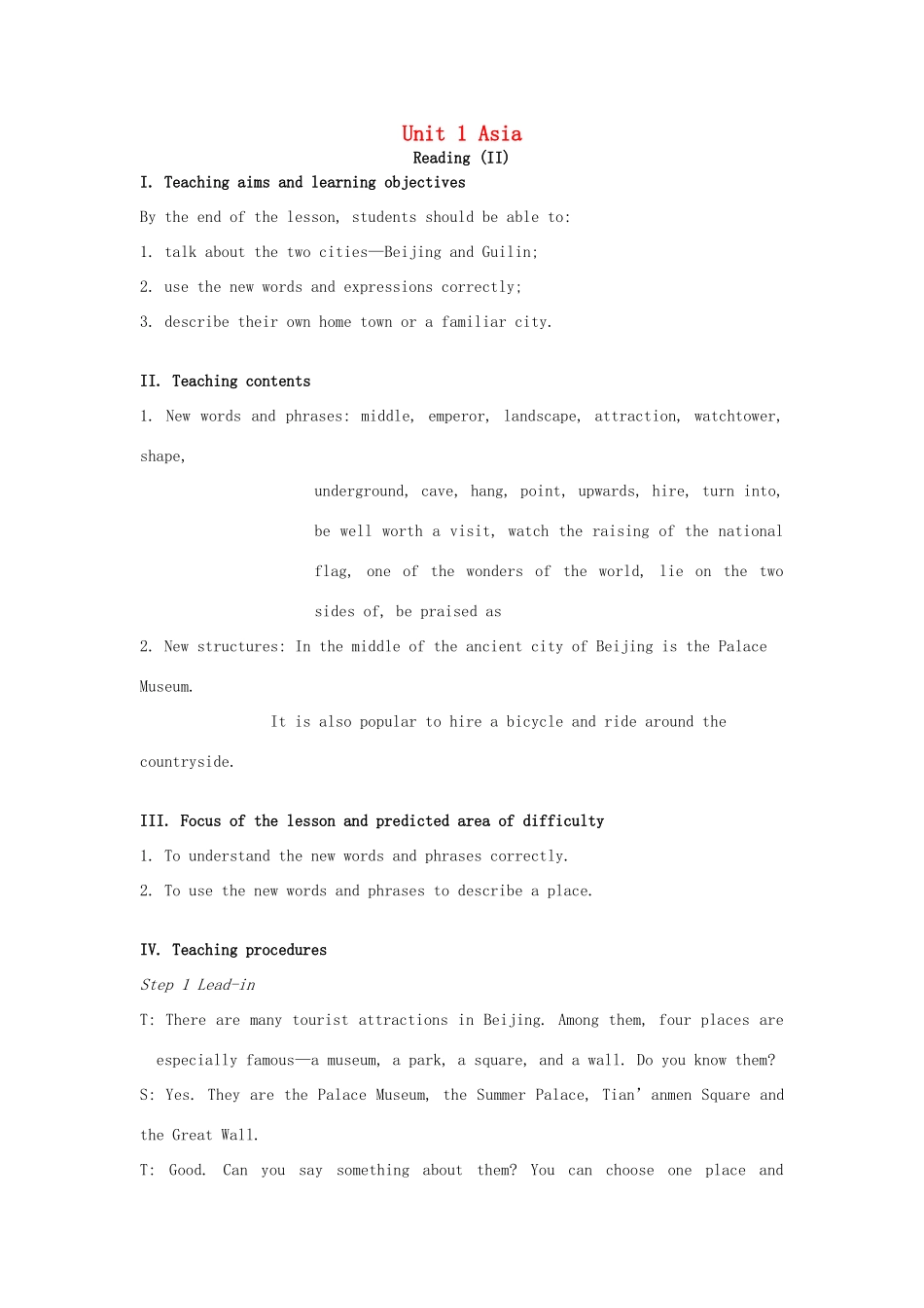 九年级英语下册 Unit 1 Asia Reading II教案 （新版）牛津版-（新版）牛津版初中九年级下册英语教案_第1页