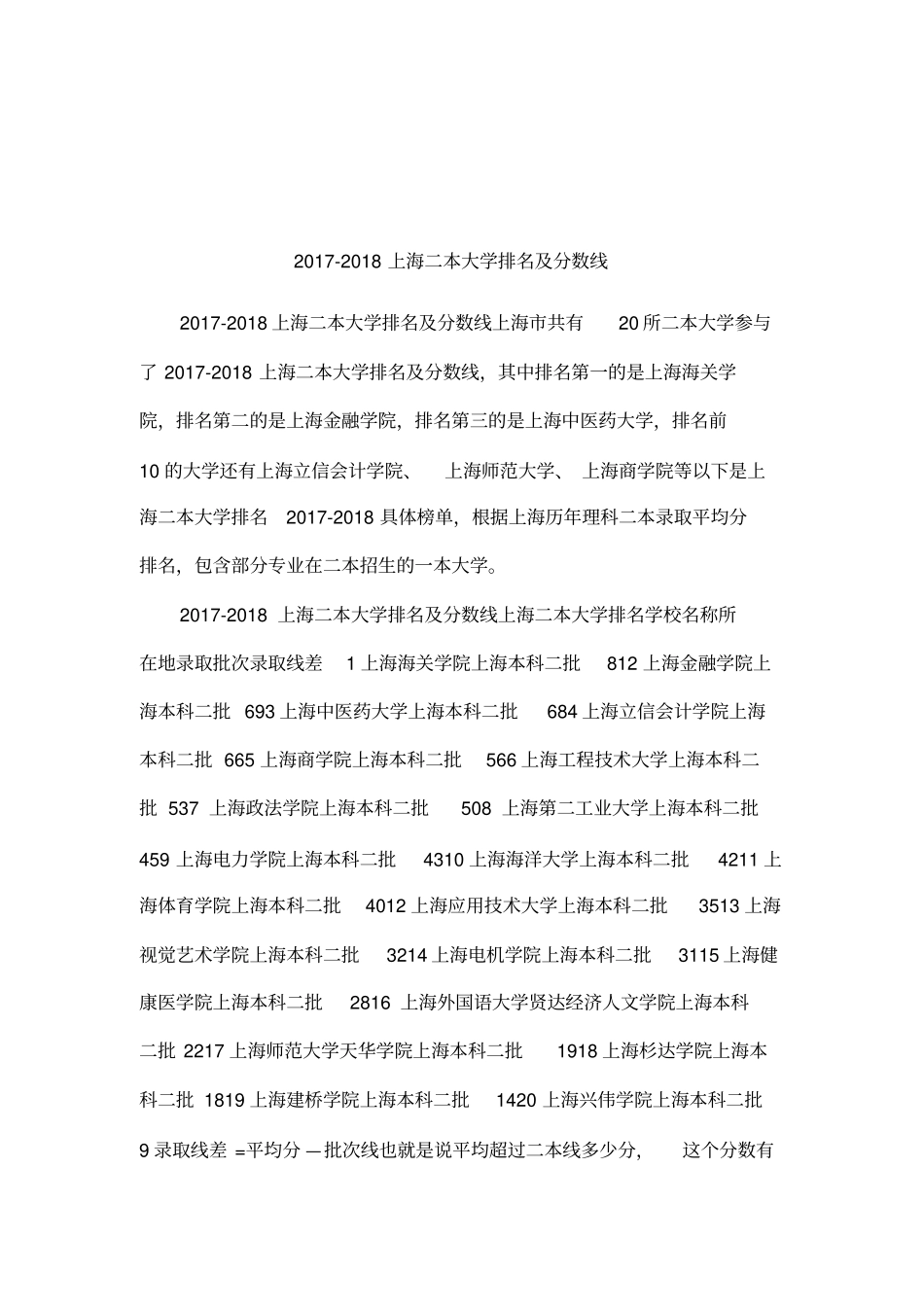 2017-2018上海二本大学排名及分数线_第1页