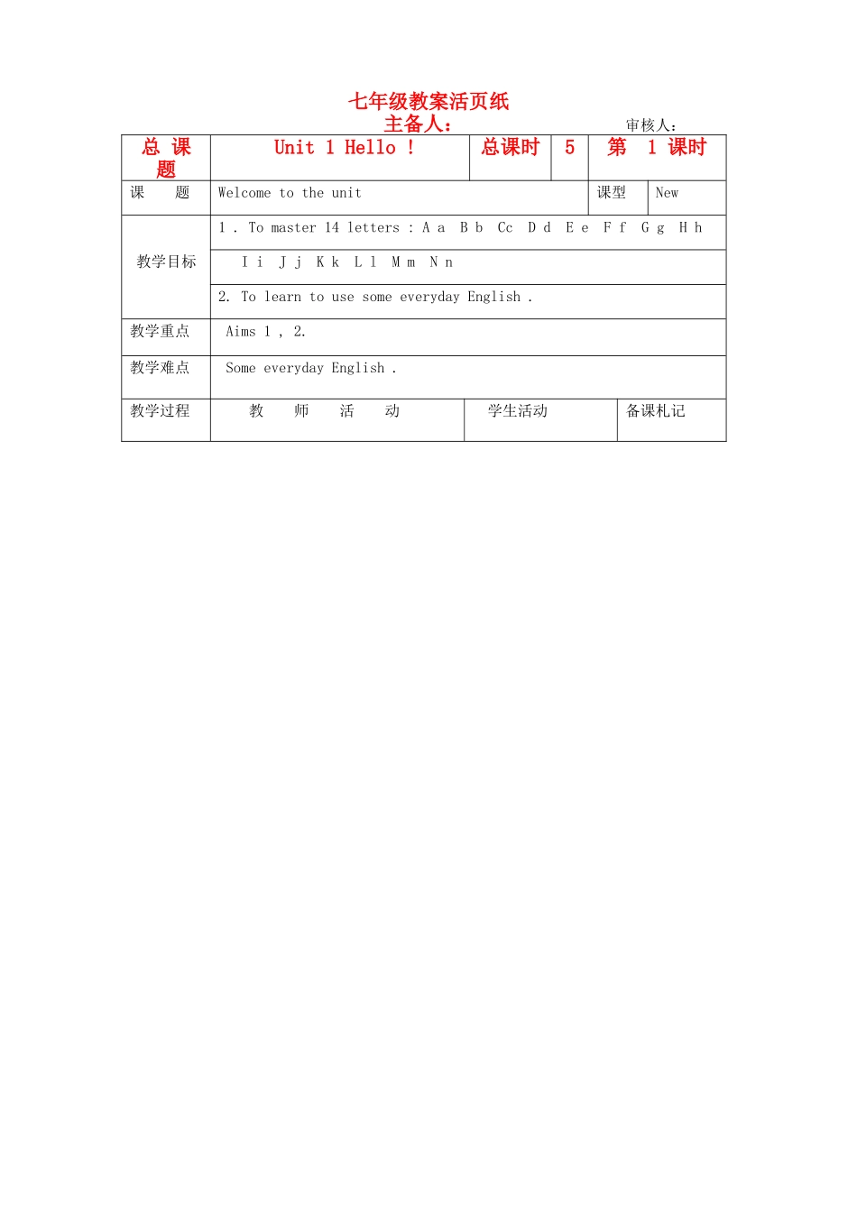 七年级英语 预备级 Unit1 Hello教案 牛津版_第1页
