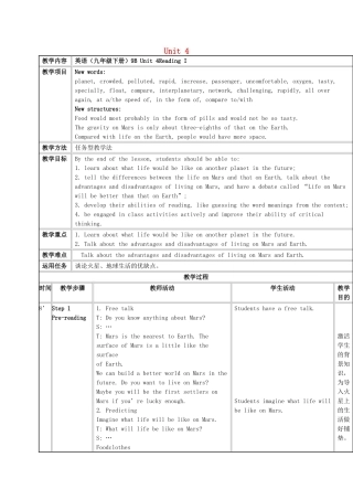 九年级英语下册 Unit 4 Life on Mars Reading I教学设计 （新版）牛津版-（新版）牛津版初中九年级下册英语教案
