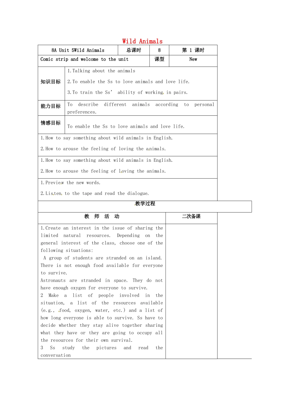 八年级英语上册 Unit 5 Wild animals Comic strip and Welcome to the unit教案 （新版）牛津版-（新版）牛津版初中八年级上册英语教案_第1页