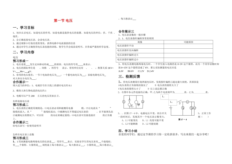 九年级物理上册第十三章电压和电阻第一节 电压教案鲁教版_第1页