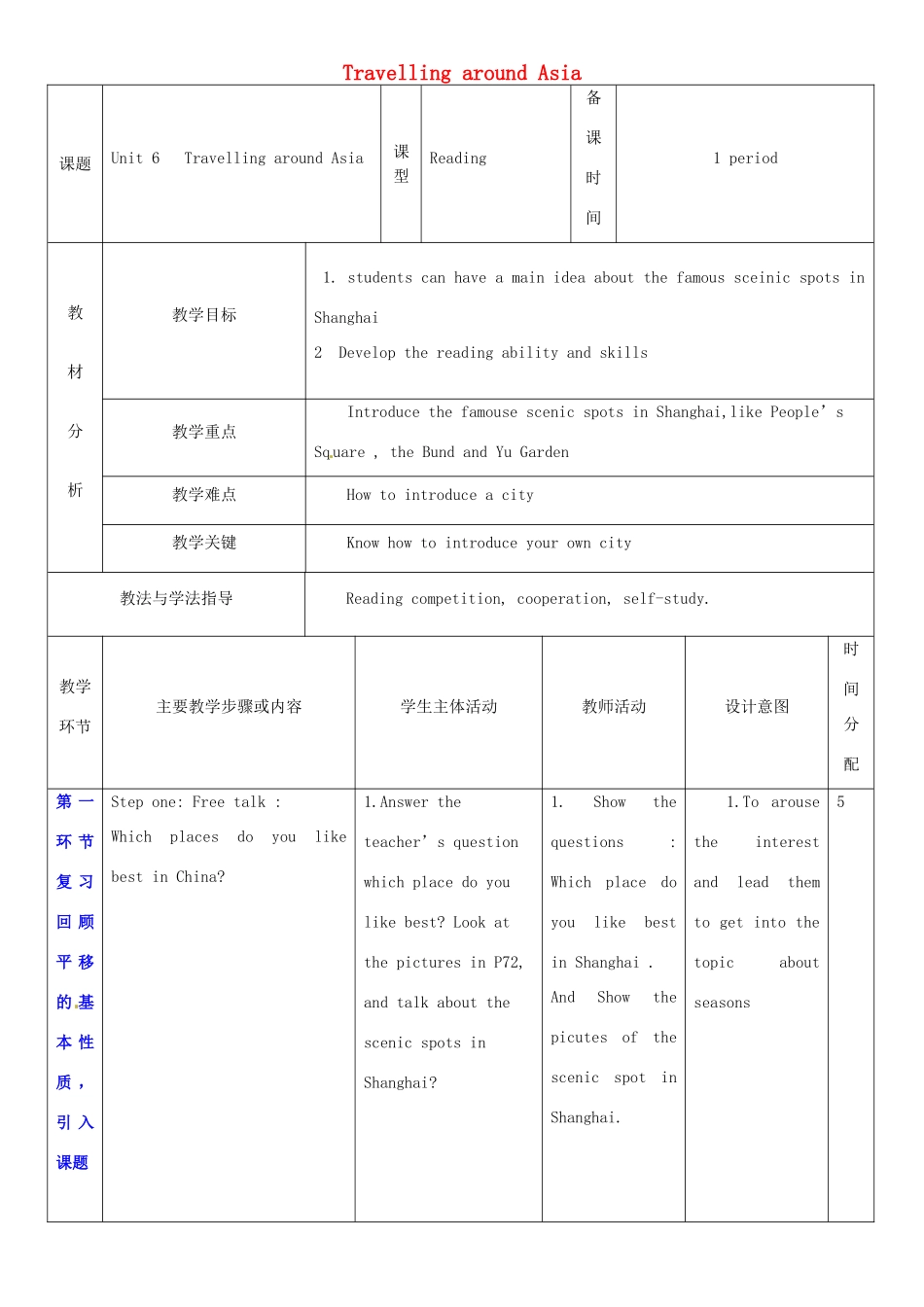 七年级英语上册 Unit 6 Travelling around Asia教案2 （新版）牛津深圳版-牛津深圳版初中七年级上册英语教案_第1页