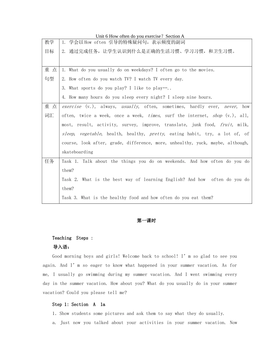 七年级英语上册 Unit 6 How often do you exercise？Section A精品教案 鲁教版五四制_第1页