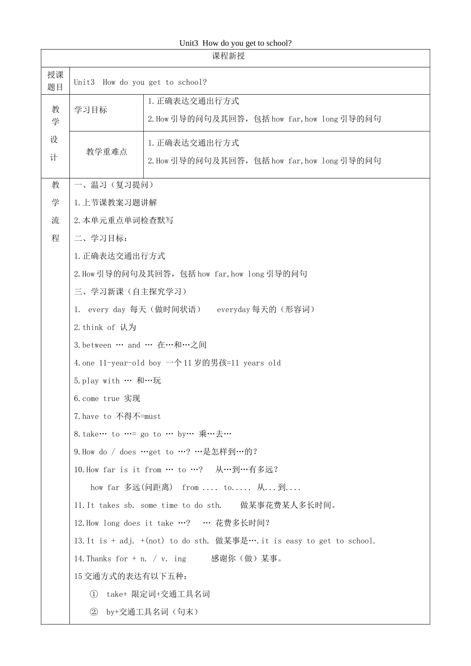 七年级英语下册 Unit 3 How do you get to school讲义习题（无答案）（新版）人教新目标版-（新版）人教新目标版初中七年级下册英语教案_第1页