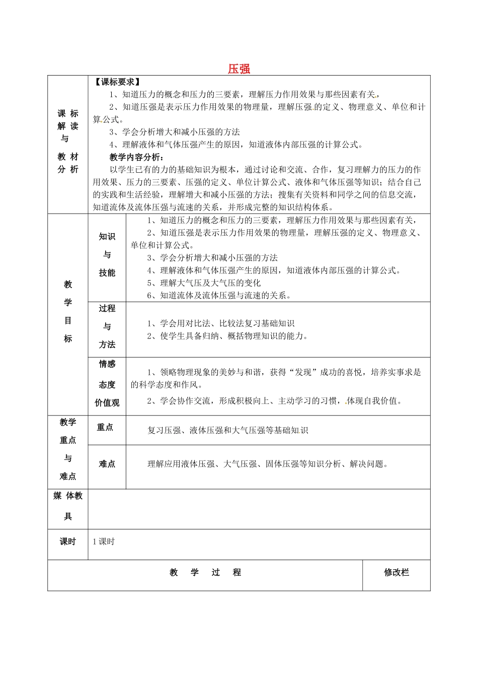 中考物理考点复习12 压强教案1-人教版初中九年级全册物理教案_第1页
