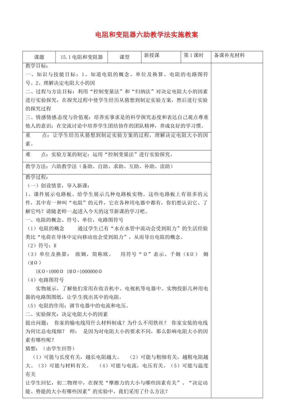 九年级物理全册 15.1 电阻和变阻器六助教学法实施教案 沪科版_第1页