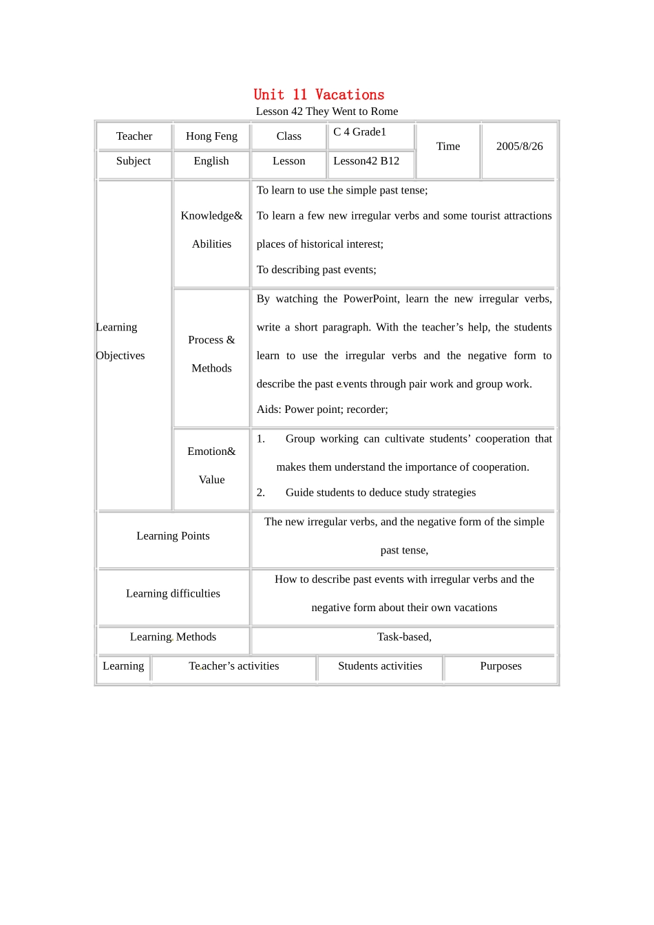 七年级英语下册 Unit 11 Lesson 42 They Went to Rome教案 北师大版_第1页