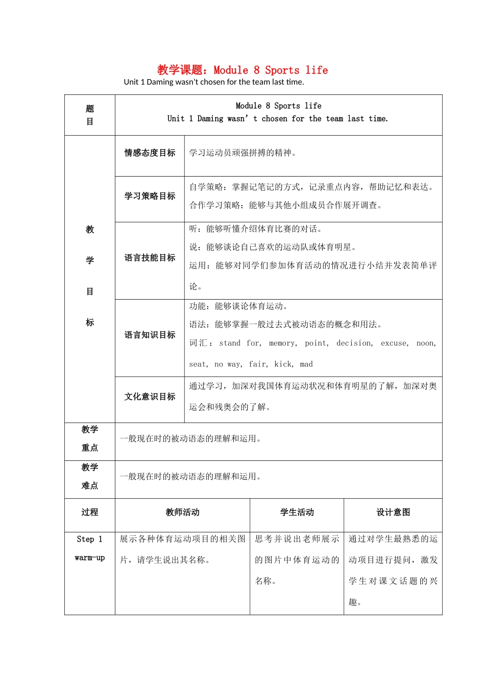学年九年级英语上册 Module 8 Sports life Unit 1 Daming wasn’t chosen for the team last time教案 （新版）外研版-（新版）外研版初中九年级上册英语教案_第1页