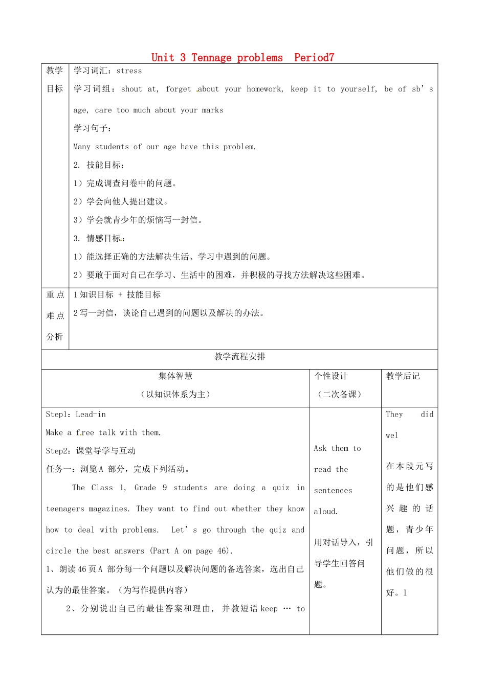 九年级英语上册 Unit 3 Teennage problems Period 7教案 （新版）牛津版-（新版）牛津版初中九年级上册英语教案_第1页