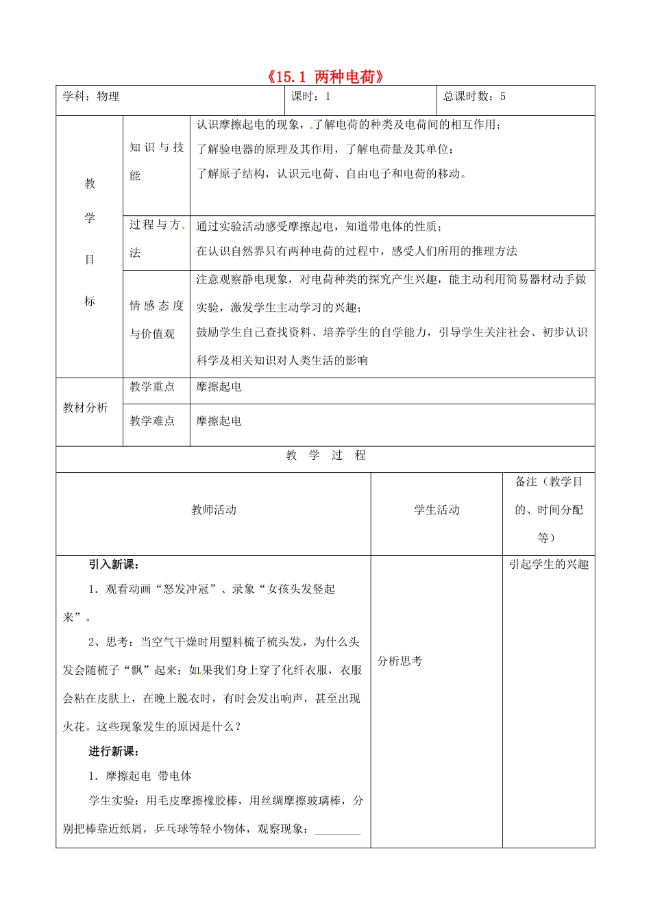 吉林省四平市第十七中学九年级物理全册《15.1 两种电荷》教案2 （新版）新人教版_第1页