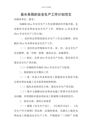 县水务局的安全生产工作计划范文
