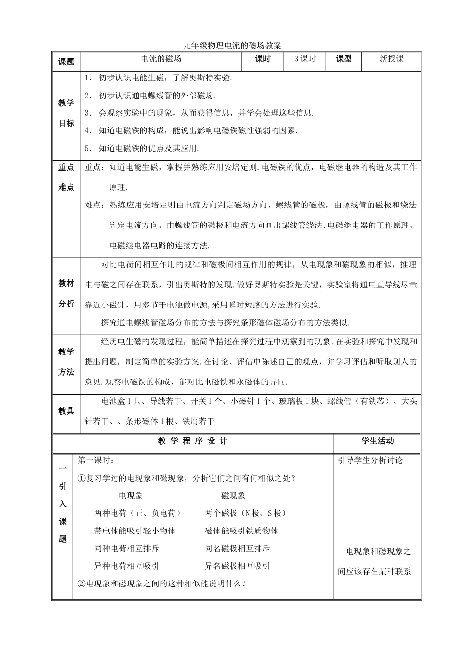 九年级物理电流的磁场教案 苏教版_第1页