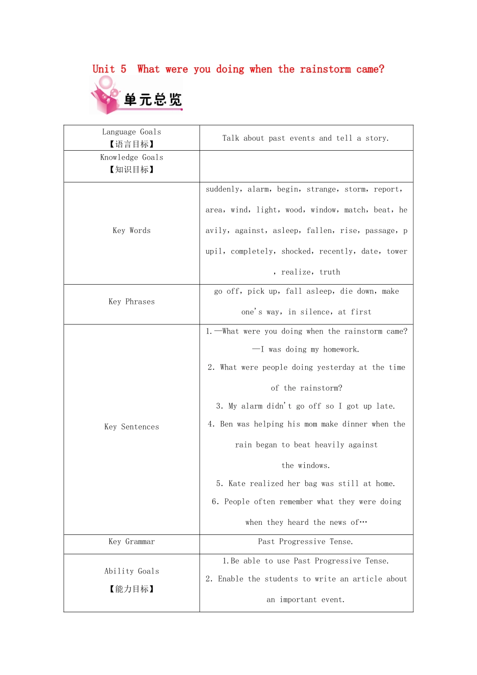 八年级英语下册 Unit 5 What were you doing when the rainstorm came单元教材分析（新版）人教新目标版-（新版）人教新目标版初中八年级下册英语教案_第1页