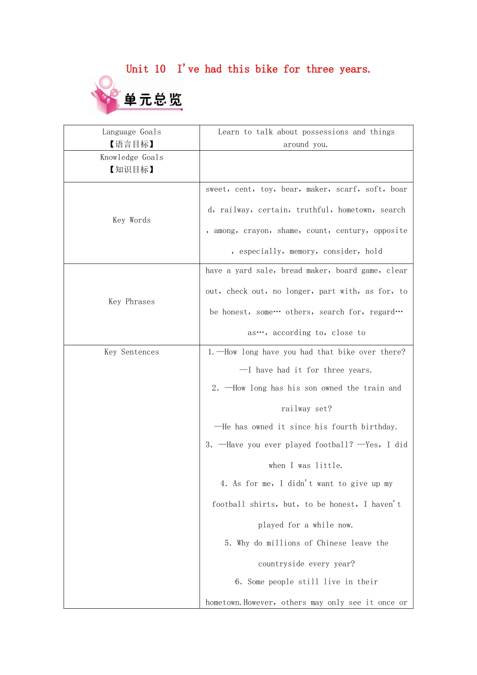 八年级英语下册 Unit 10 I've had this bike for three years单元教材分析（新版）人教新目标版-（新版）人教新目标版初中八年级下册英语教案_第1页