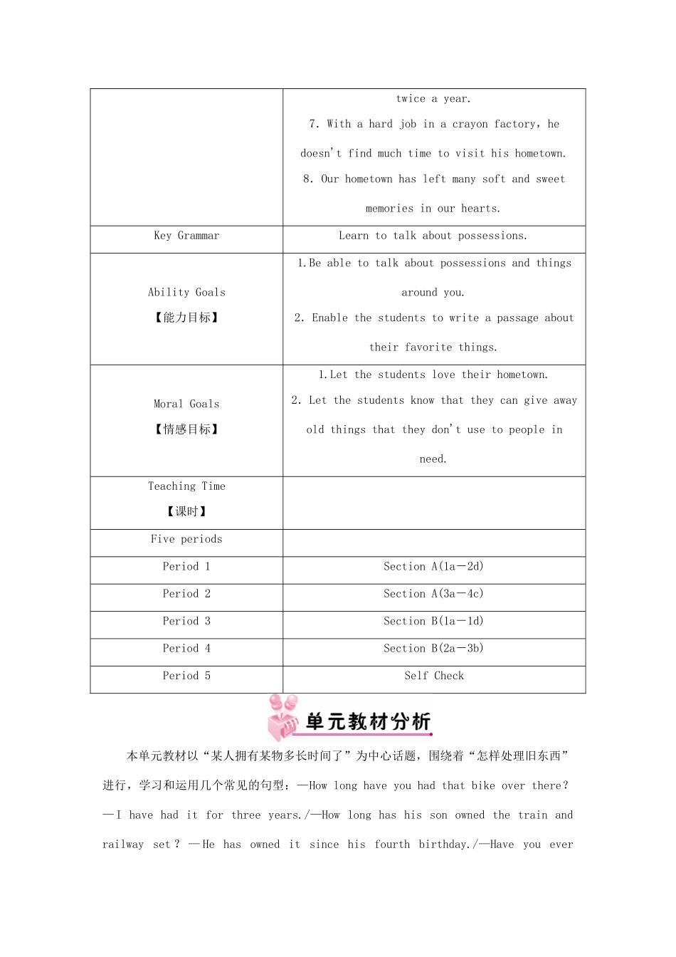 八年级英语下册 Unit 10 I've had this bike for three years单元教材分析（新版）人教新目标版-（新版）人教新目标版初中八年级下册英语教案_第2页