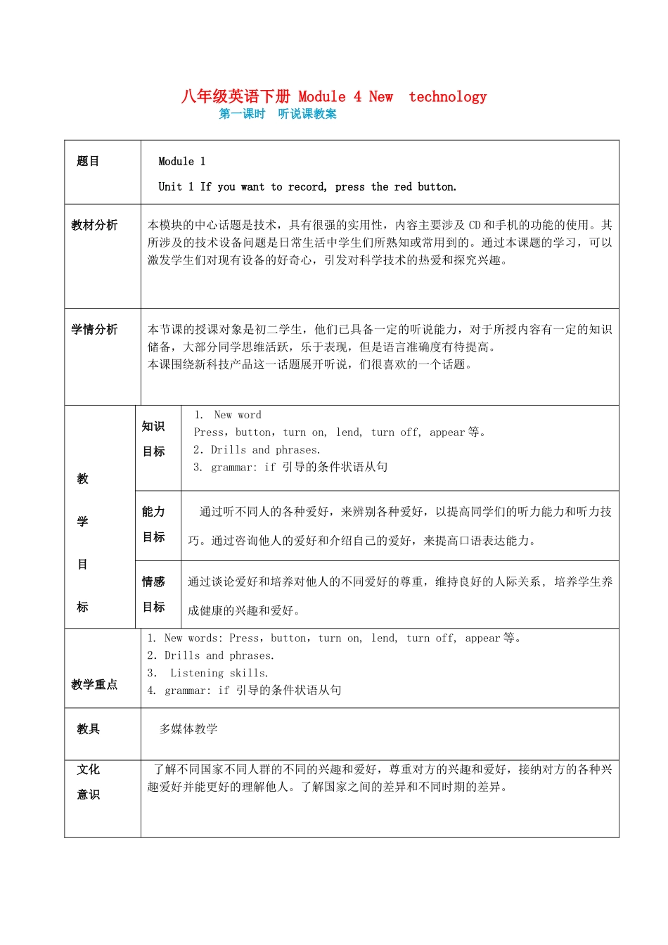 八年级英语下册 Module 4 New technology备课教案 外研版_第1页