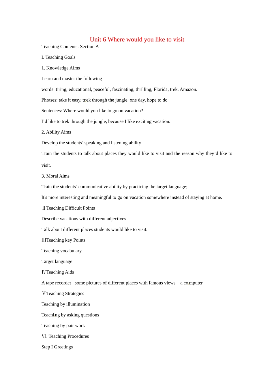 八年级英语下册：Unit 6 Where would you like to visit？教案1鲁教版_第1页