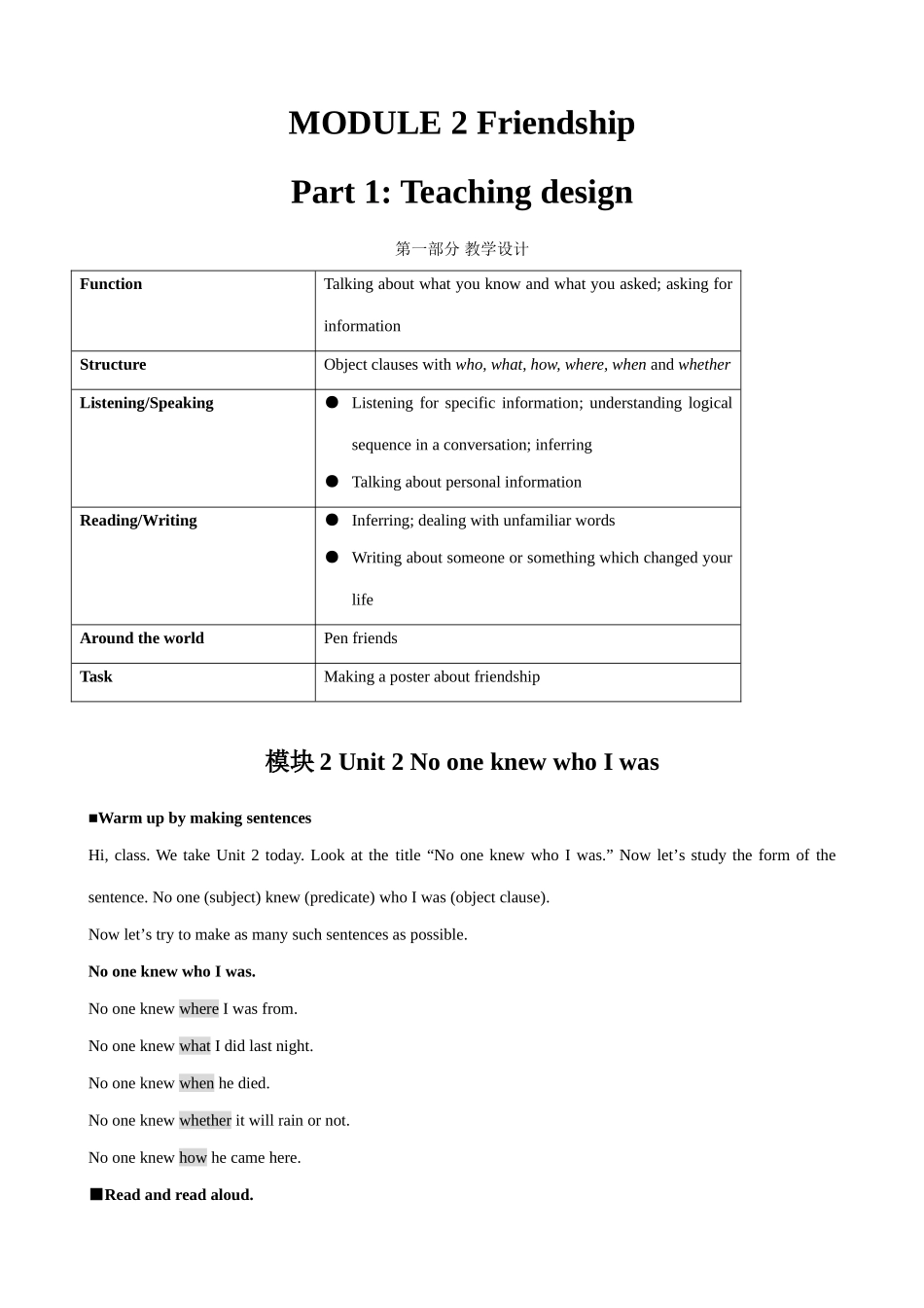 八年级英语 模块2 Unit2 No one knew who I was教案_第1页
