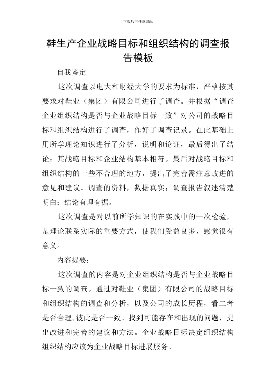 鞋生产企业战略目标和组织结构的调查报告模板_第1页