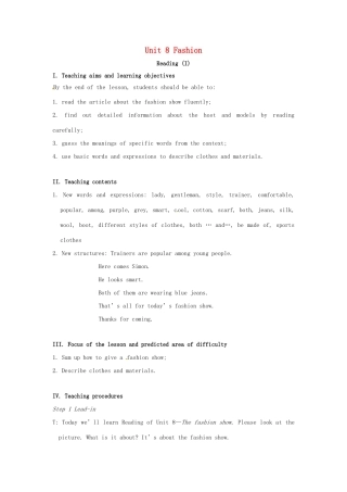 七年级英语上册 Unit 8 Fashion Reading I教案 （新版）牛津版-（新版）牛津版初中七年级上册英语教案