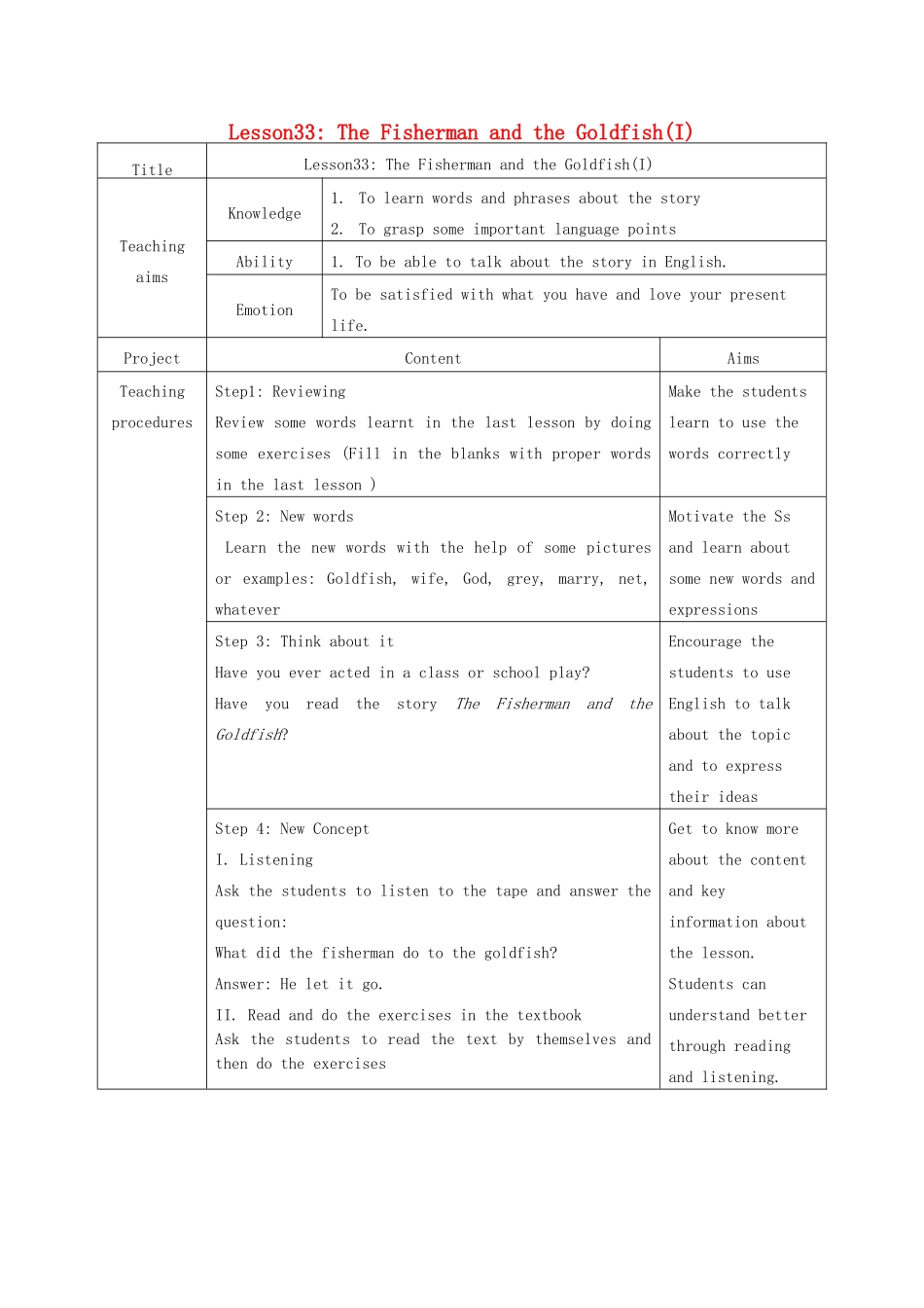 九年级英语上册 Unit 6 Lesson 33 The Fisherman and the Goldfish(Ⅰ)教学设计 （新版）冀教版_第1页