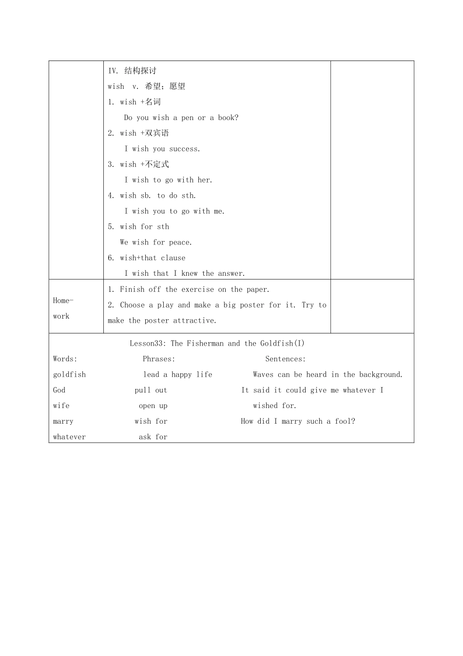 九年级英语上册 Unit 6 Lesson 33 The Fisherman and the Goldfish(Ⅰ)教学设计 （新版）冀教版_第3页