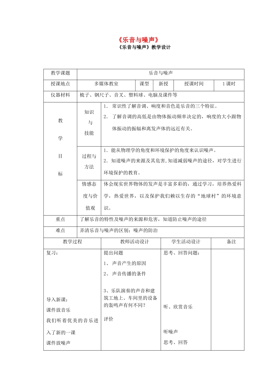 八年级物理上册 第四章 三 噪声与环保教学设计 北师大版-北师大版初中八年级上册物理教案_第1页