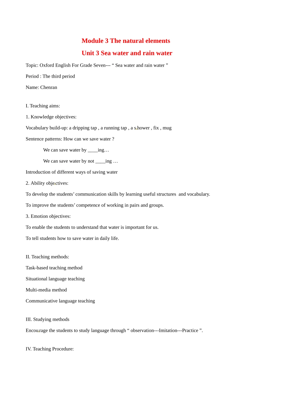 七年级英语：Module 3 Unit 3 Sea water and rain water Period 3教案上海牛津版_第1页