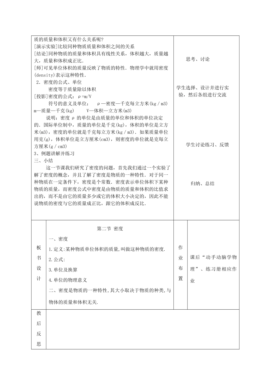 四川省宜宾市屏山县金江初级中学八年级物理上册 第六章 质量与密度 第二节 密度集体备课教案 （新版）新人教版_第2页