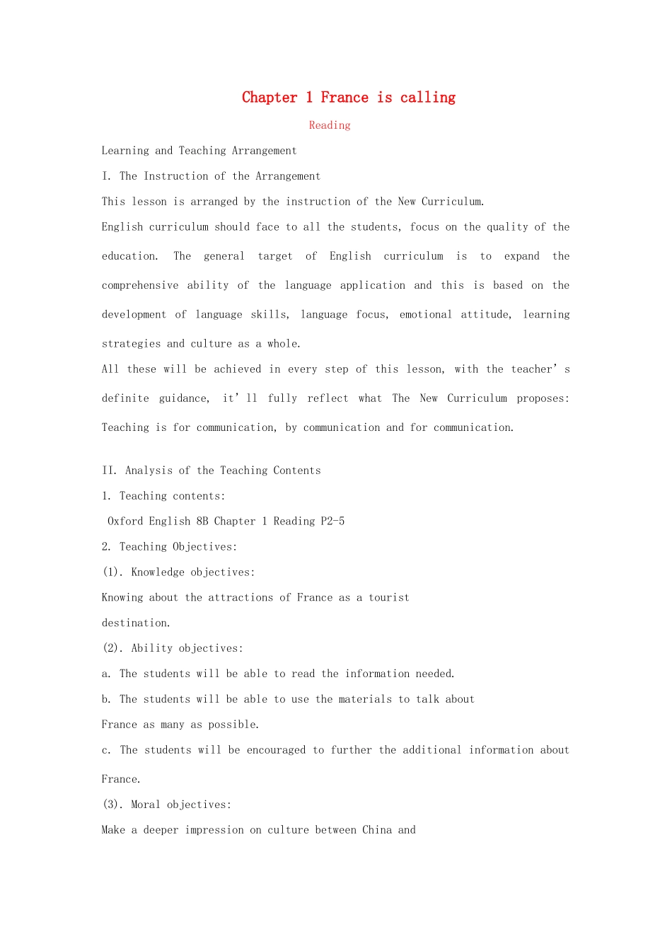 八年级英语下：Chapter 1 France is calling Reading教案沈阳牛津版_第1页