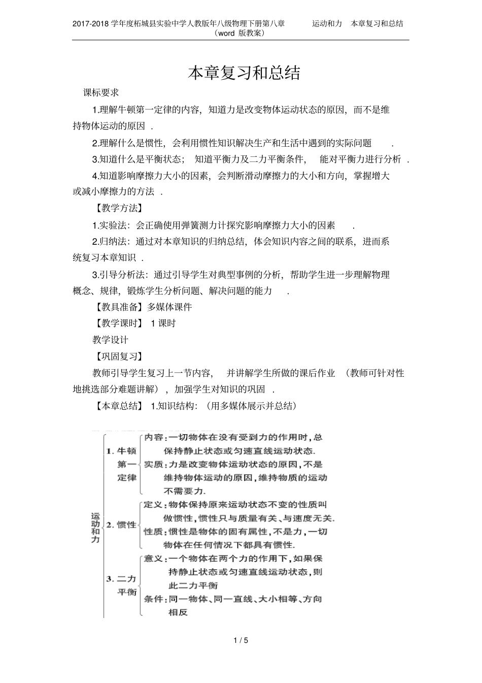 2017-2018学年柘城试验中学人教版年八级物理下册运动和力本章复习和总结_第1页