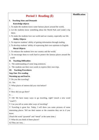 八年级英语8A  Unit 3 Period3 教案Reading （1）牛津版