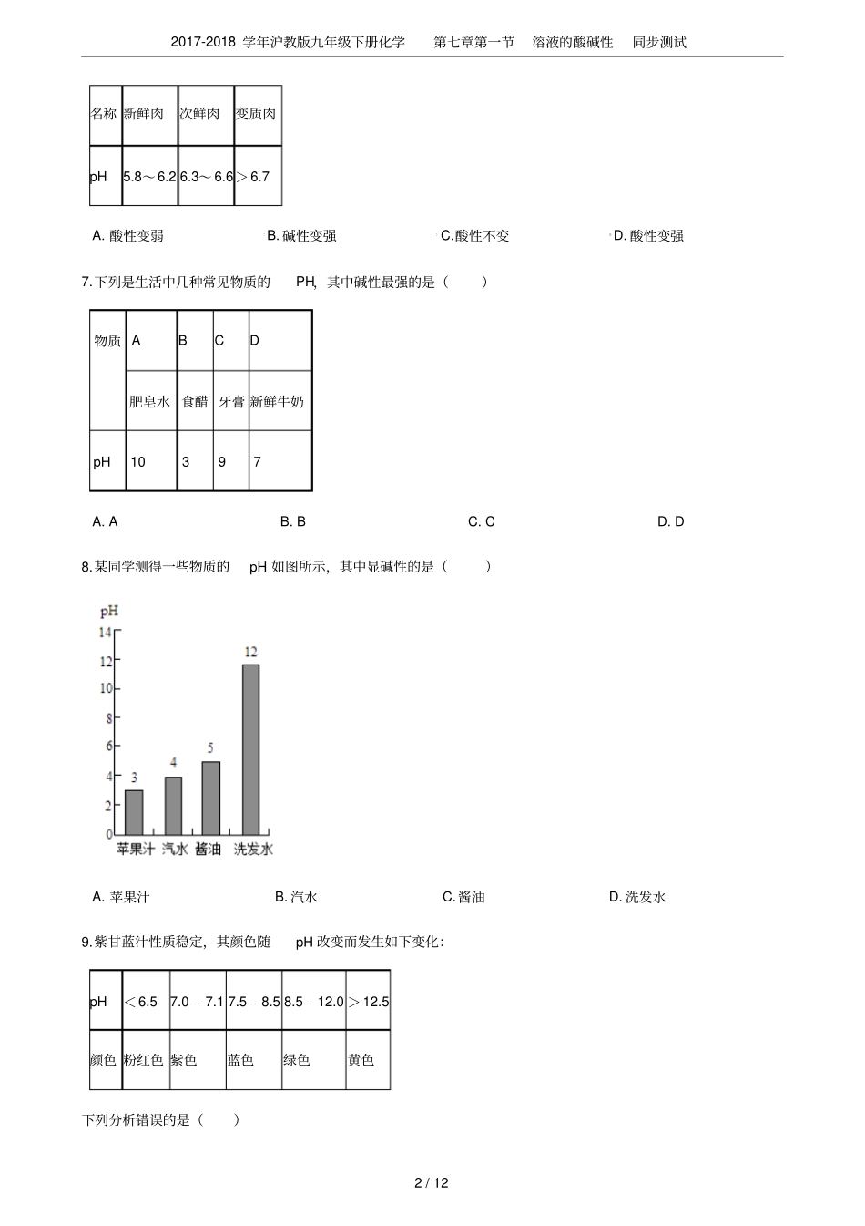 2017-2018学年沪教版九年级下册化学溶液的酸碱性同步测试_第2页