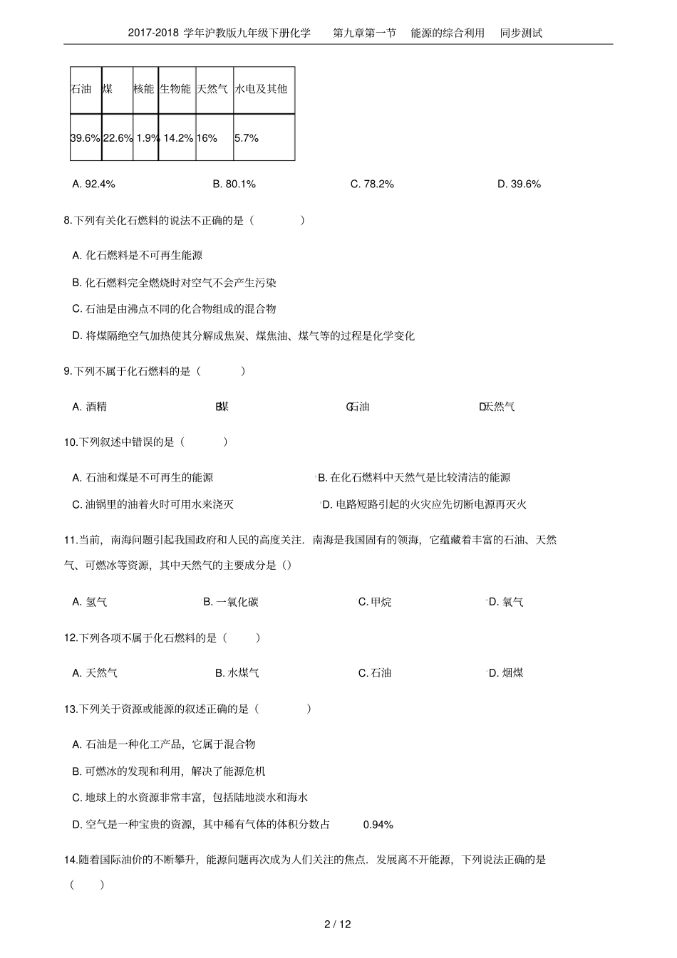 2017-2018学年沪教版九年级下册化学能源的综合利用同步测试_第2页