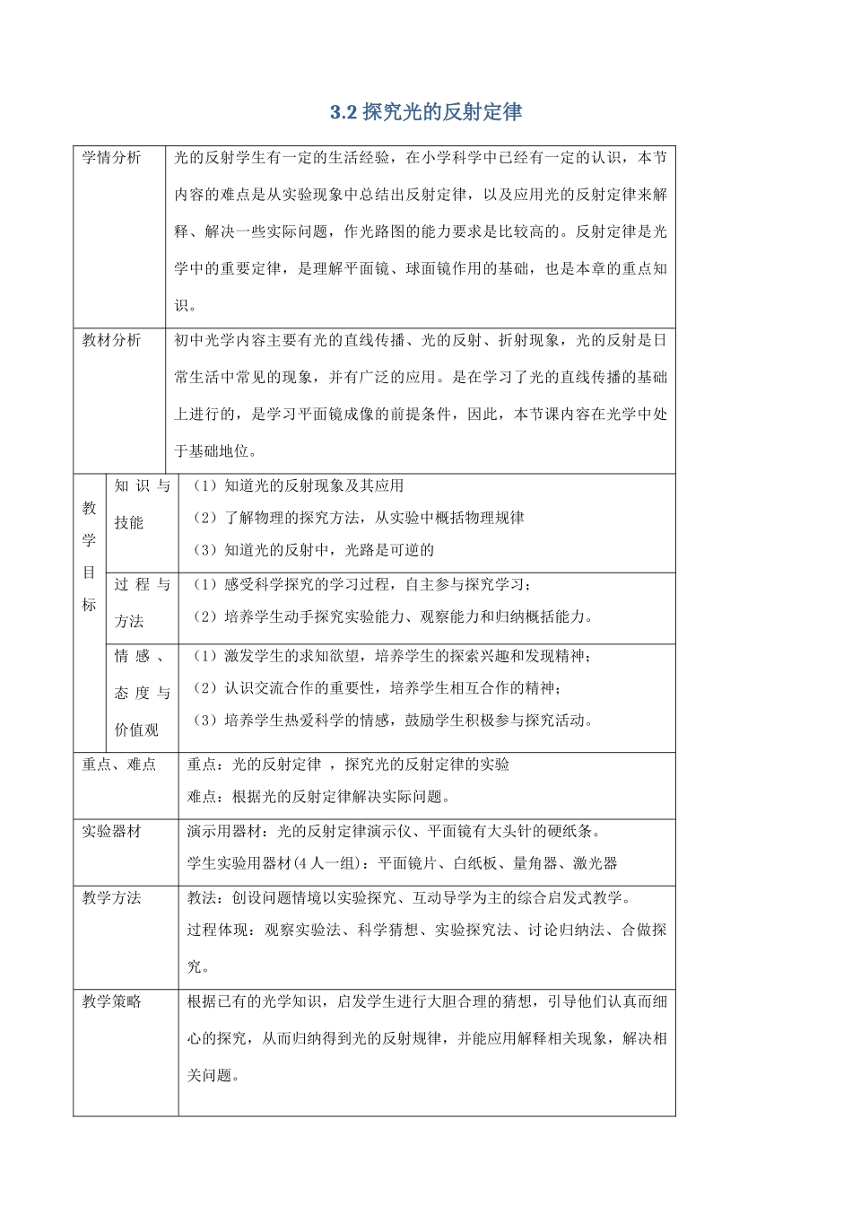 八年级物理上册 3.2《探究光的反射规律》教学设计 （新版）粤教沪版-（新版）粤教沪版初中八年级上册物理教案_第1页