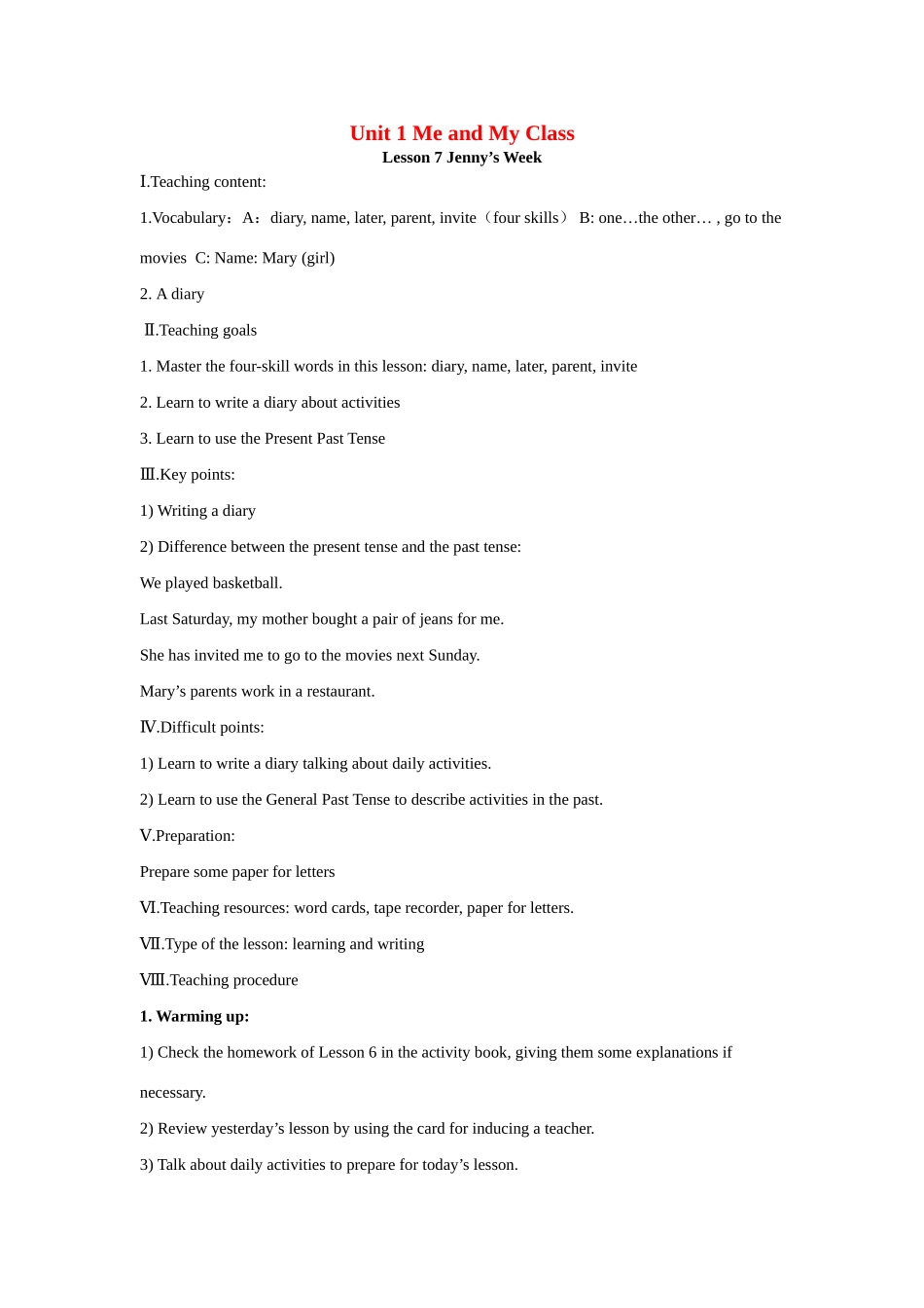 八年级英语上册 Unit 1 Me and My Class Lesson 7 Jenny’s Week教案 冀教版_第1页