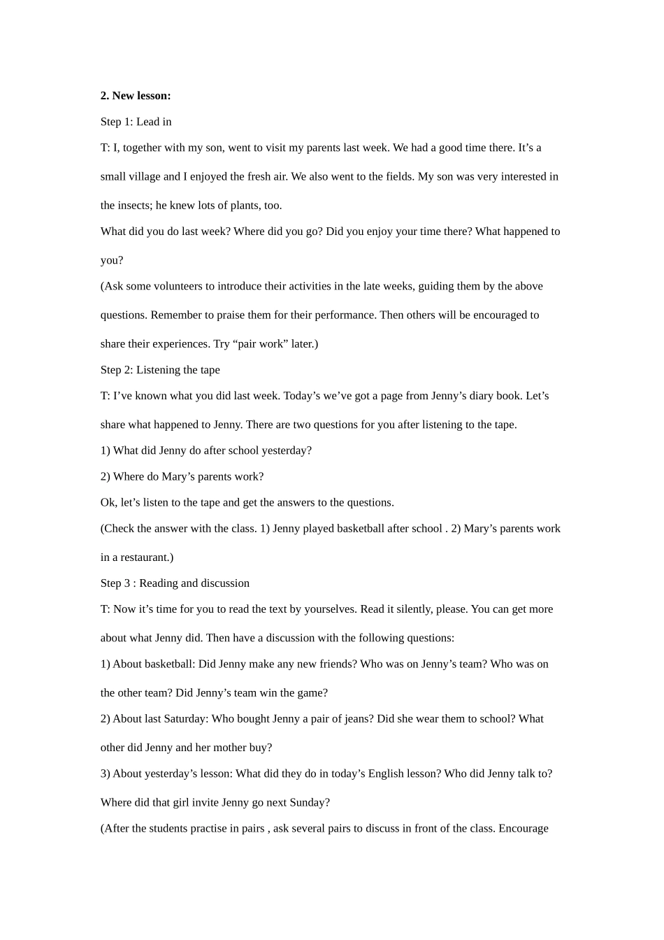 八年级英语上册 Unit 1 Me and My Class Lesson 7 Jenny’s Week教案 冀教版_第2页