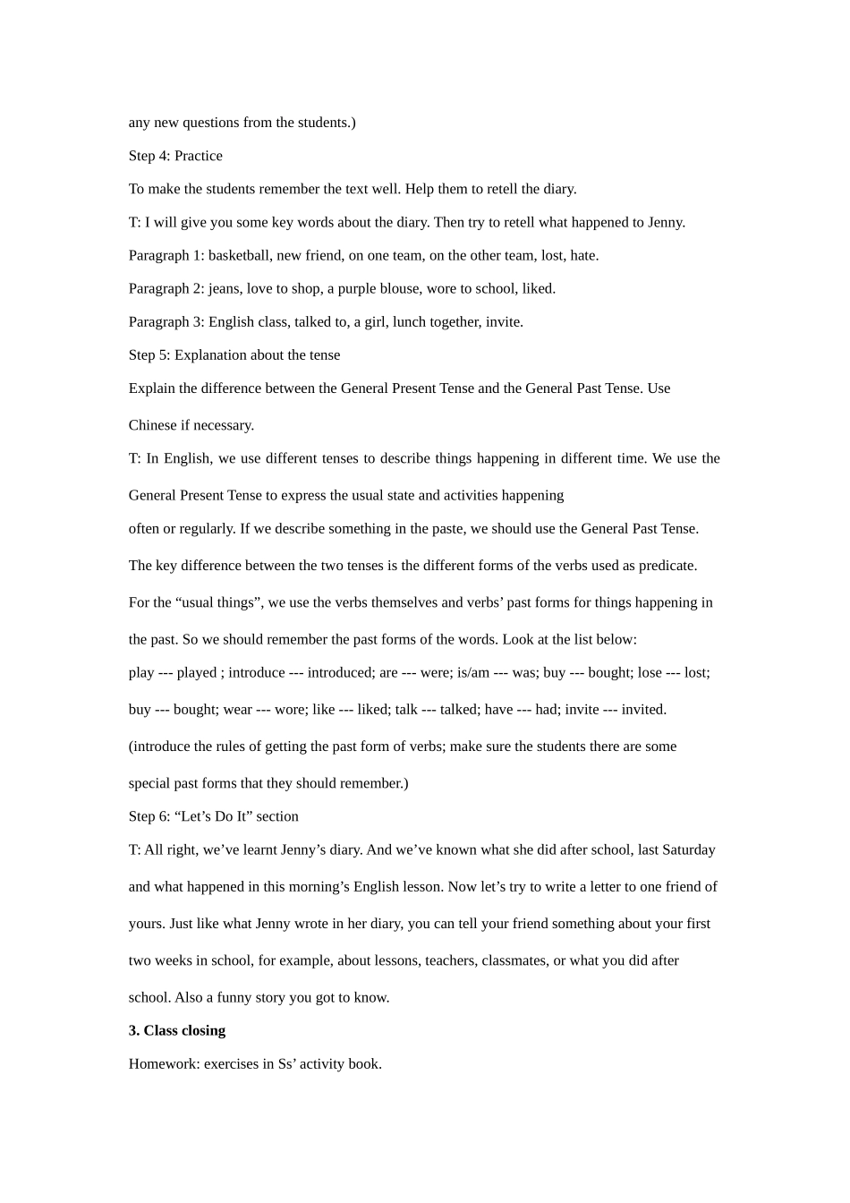 八年级英语上册 Unit 1 Me and My Class Lesson 7 Jenny’s Week教案 冀教版_第3页