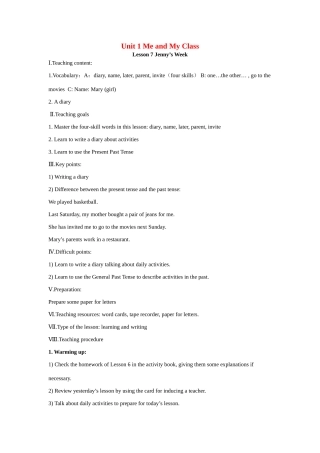 八年级英语上册 Unit 1 Me and My Class Lesson 7 Jenny’s Week教案 冀教版
