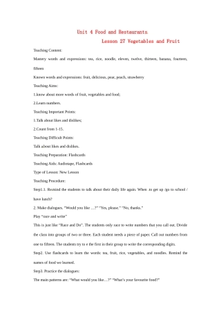 七年级英语上册 Unit 4 Lesson 27 Vegetables and Fruit-Lesson 28 What’s for Breakfast教案 冀教版