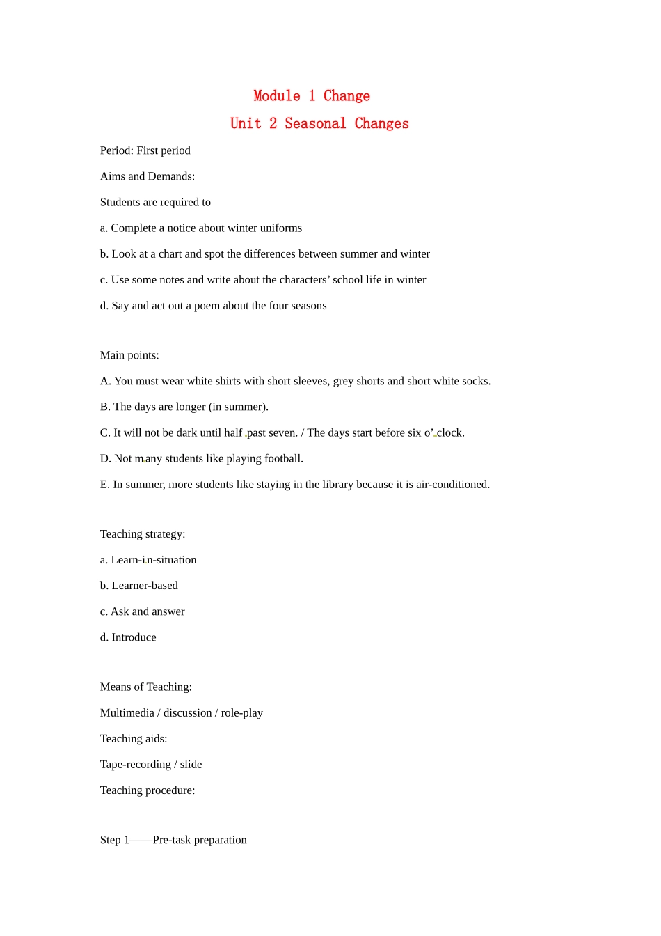 七年级英语上册 Module 1 Unit 2 Seasonal Changes教案 沈阳牛津版_第1页