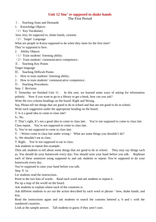 九年级英语Unit 12 You’ re supposed to shake hands教案人教版
