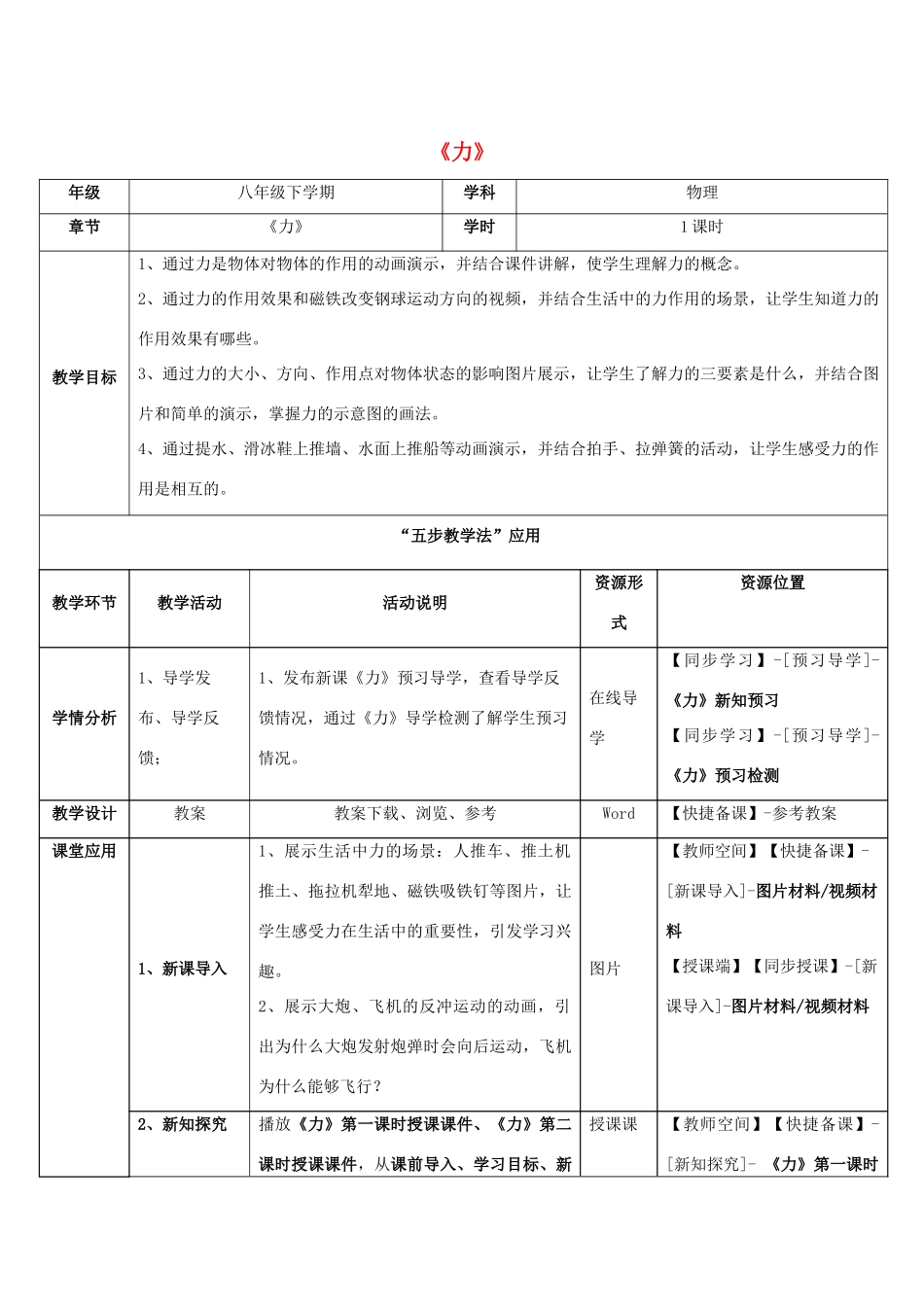 八年级物理下册 第七章 第1节《力》教学应用指导 （新版）新人教版_第1页
