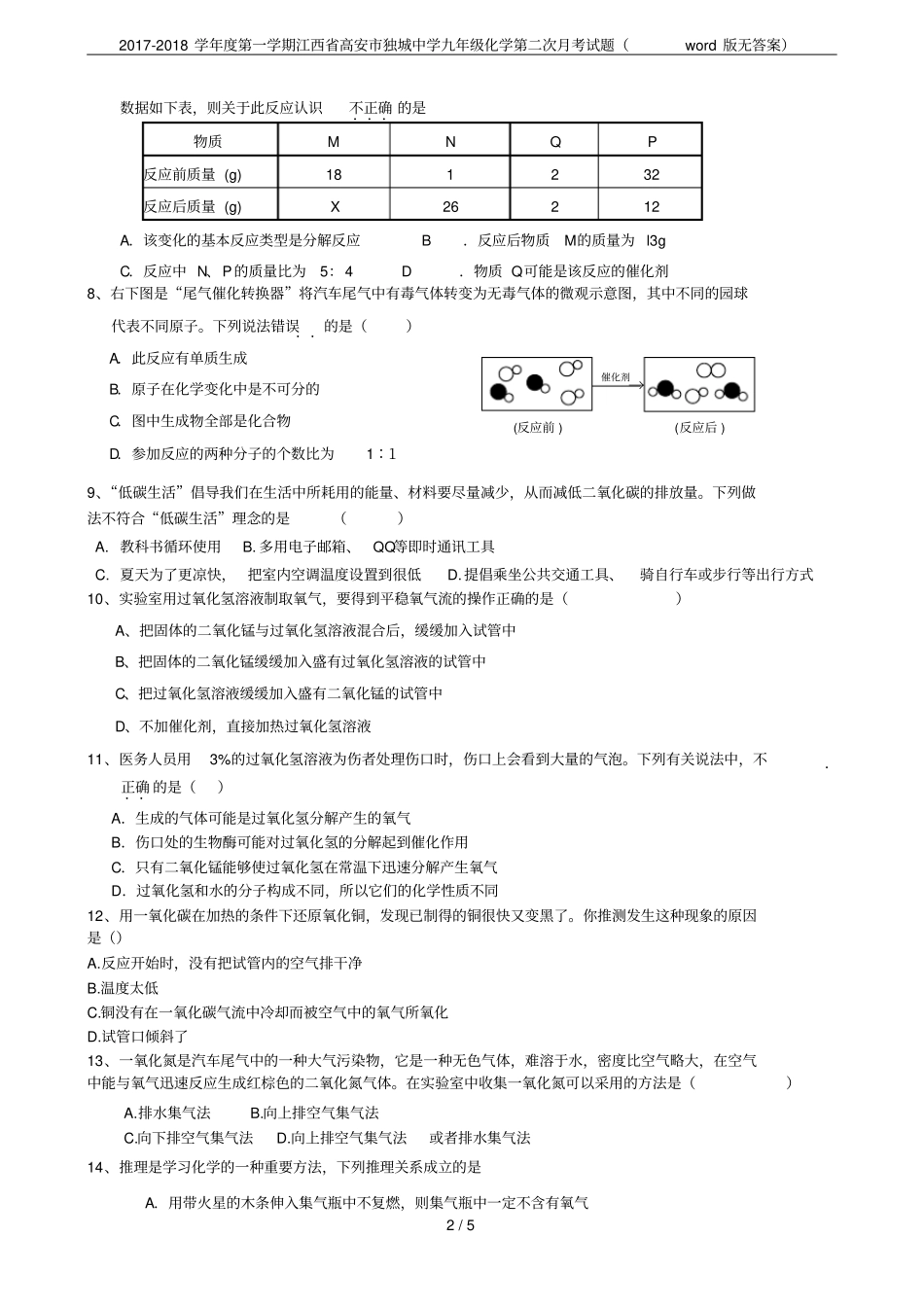 2017-2018学年第一学期江西高安独城中学九年级化学第二次月考试题版无答案_第2页