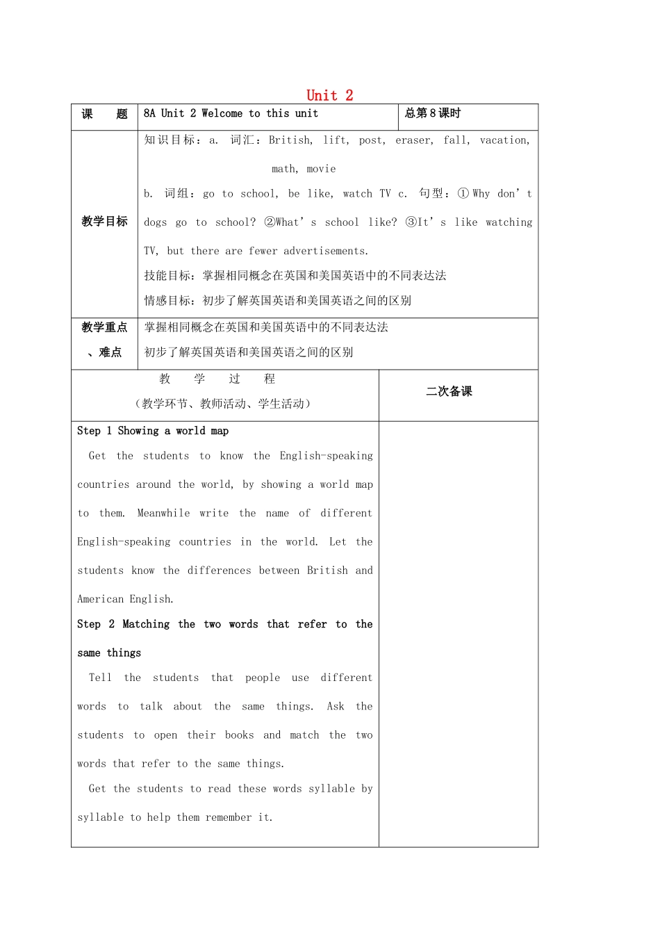 八年级英语上册 Unit 2 School Life Welcome to this unit教案 （新版）牛津版-（新版）牛津版初中八年级上册英语教案_第1页
