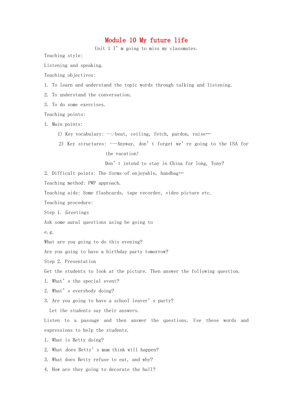 九年级英语下册 Module 10 My future life教案 外研版_第1页