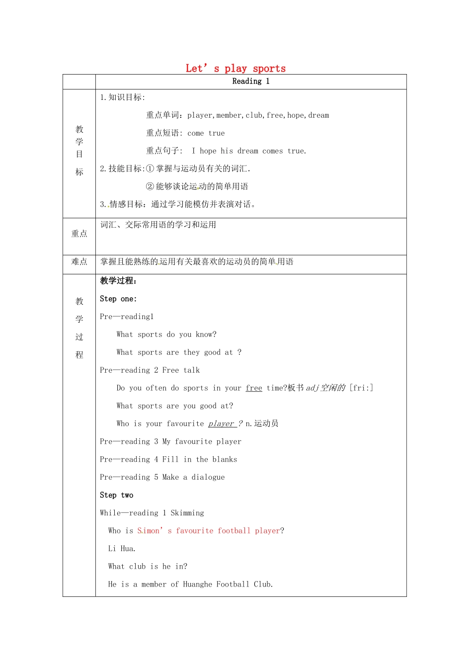 七年级英语上册 Unit 2 Let’s play sports Reading 1教案 （新版）牛津版-（新版）牛津版初中七年级上册英语教案_第1页