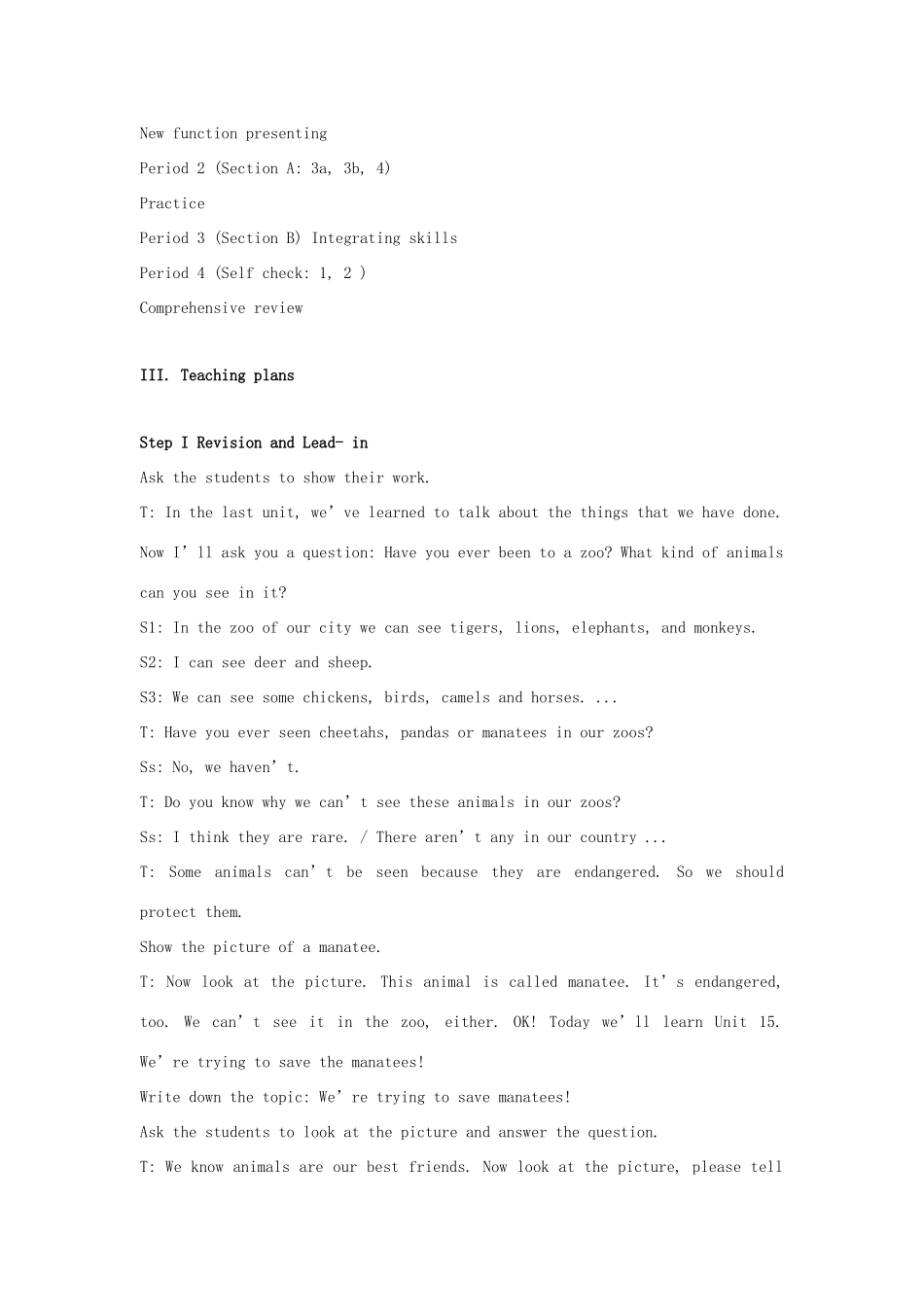 九年级英语 Unit 15 We’re trying to save the manatees单元精品教案 人教新目标版_第3页